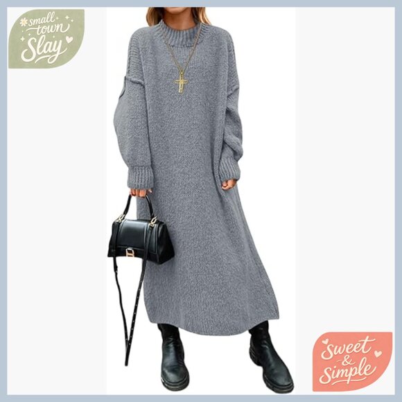 Oversized Chunky Knit Sweater Dress Mock Neck Long Sleeve Maxi